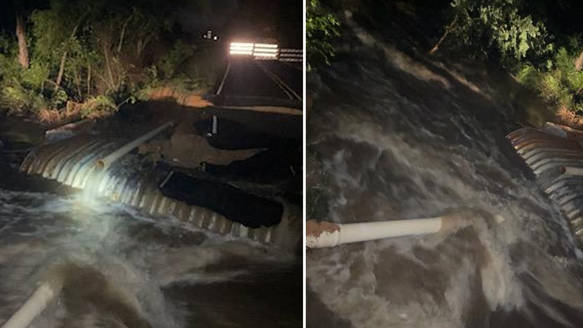 Rapidly moving floodwater seen buckling NC-902 and breaking watermain.