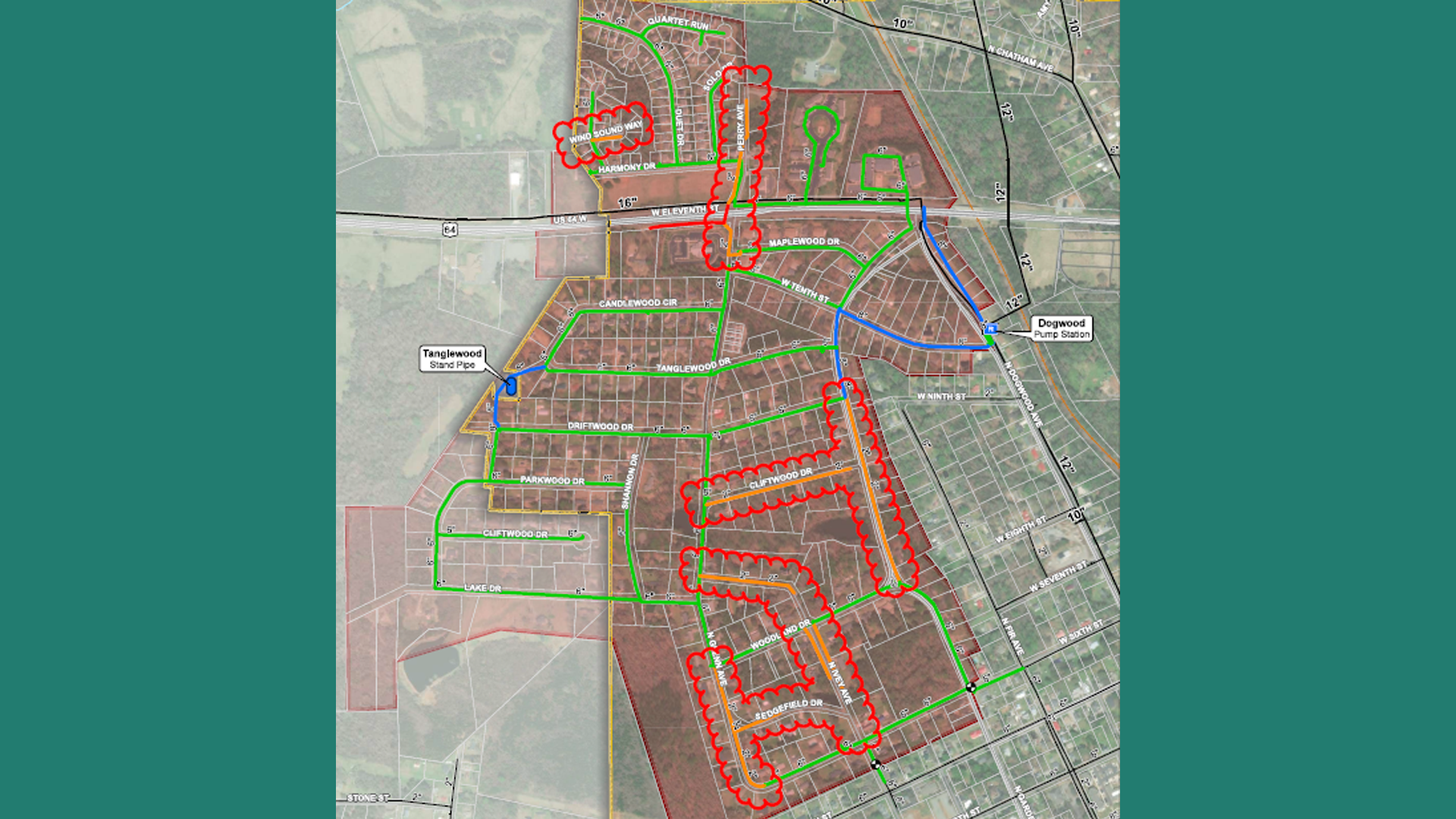 Map showing water lines in Homewood Acres with circles around sections targeted for replacement