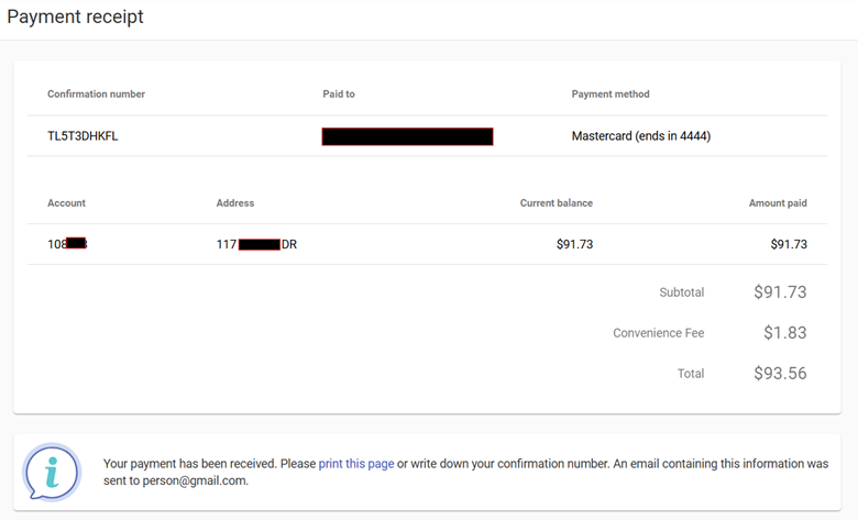 Screengrab showing $91.73 bill with Convenience Fee of $1.83 which results in total of $93.56